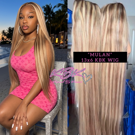 MULÁN (Straight Light Brown + Blonde Highlights Lace Transparent Wig)