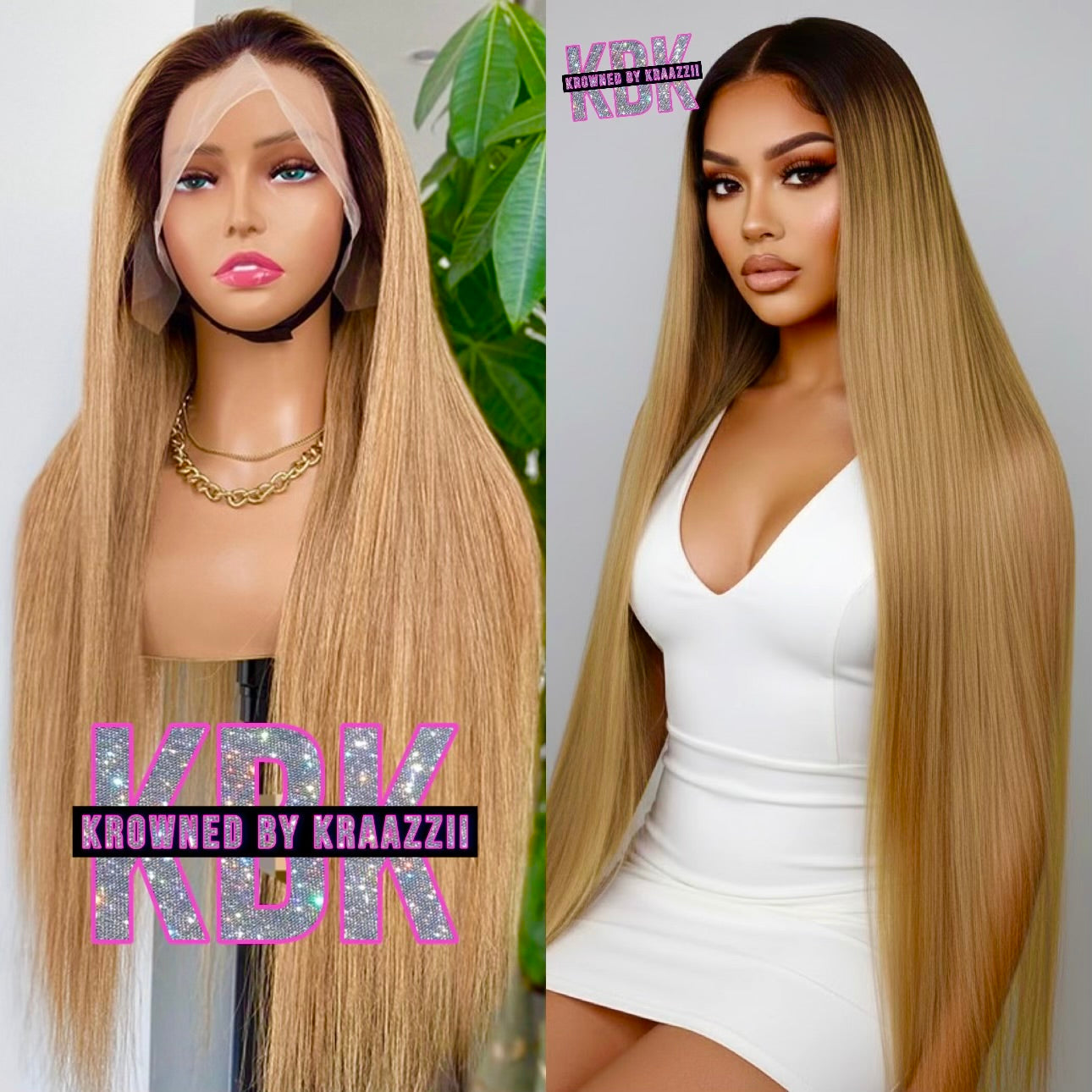 QUEENBEE (Straight HD Honey Brown w/ Black Roots Lace Wig)