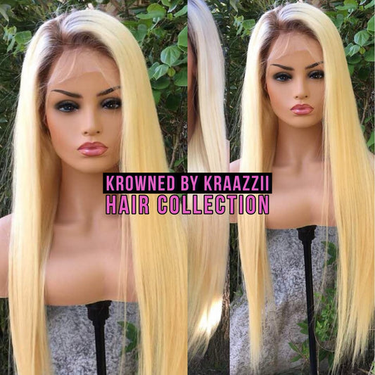 BRIT (Straight HD #613 Blonde w/ Dark Brown Roots Lace Wig)